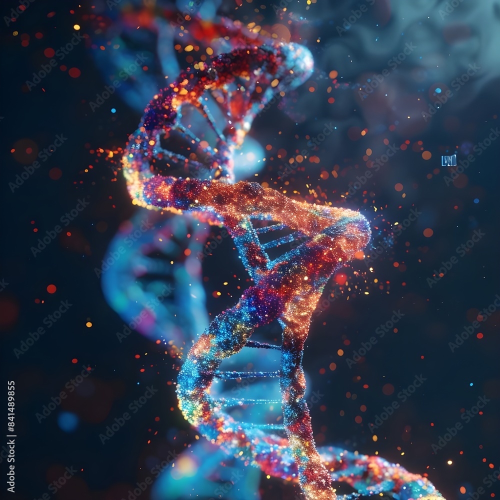 The structure of DNA in a dynamic 3D visualization, highlighting the double helix structure and the arrangement of nucleotides. Created using generative AI. The structure of DNA in a dynamic 3D visualization, highlighting the double helix structure and the arrangement of nucleotides. Created using generative AI.