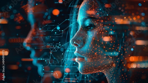 Futuristic portrayal of a woman's face transforming into artificial intelligence with network lines connecting