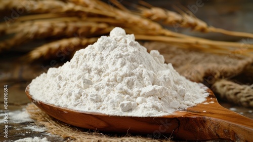 Stack of white wheat flour in a wooden spoon