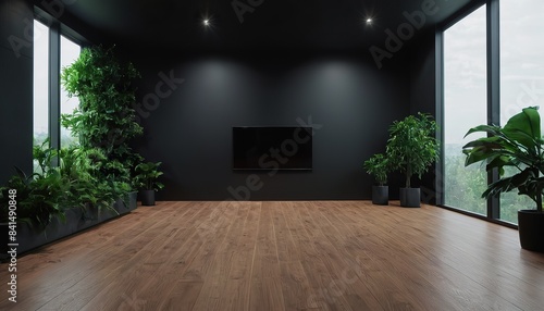 a room with a black wall and a plant in the corner