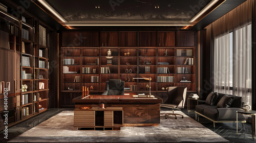 A luxurious office with dark wood furniture  a large executive desk  and floor-to-ceiling bookshelves.
