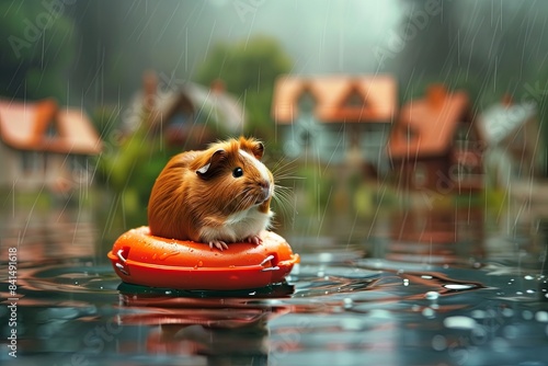 Guinea pig sits on life preserver in water, houses in water photo