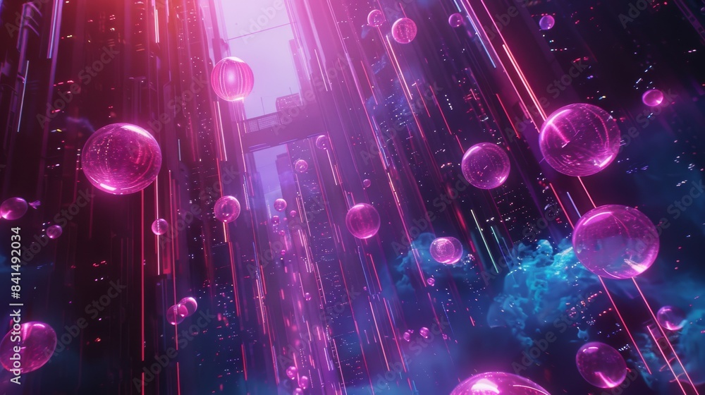 Fototapeta premium Abstract futuristic city with glowing pink orbs and neon lights falling through the sky.