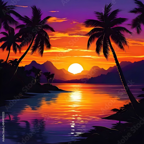 a vibrant sunset over a tropical island, with palm trees casting long shadows on the golden sand