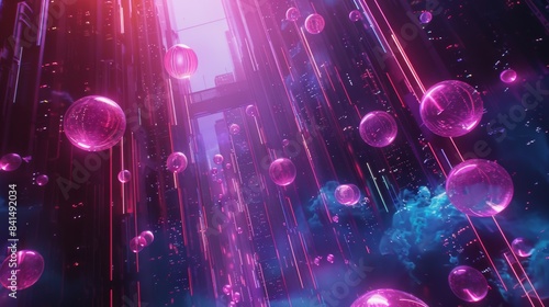 Abstract futuristic city with glowing pink orbs and neon lights falling through the sky.