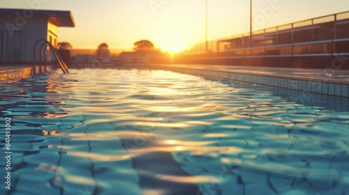 A swimming pool at sunrise, with the water reflecting the warm morning light, creating a serene and calming atmosphere for an early-morning swim. © Sardar