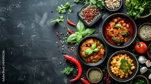 Close-up of Asian Thailand cuisine on dark background, flatlay with empty space on one side