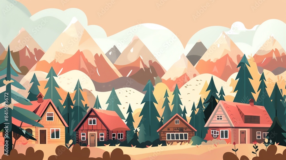 Naklejka premium Mountain village flat design front view theme traditional cartoon drawing Triadic Color Scheme