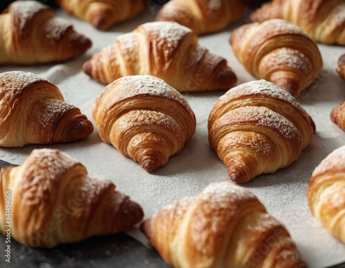 Una foto ravvicinata di vari croissant, mostrando le loro texture friabili e i dettagli dei loro strati.
 photo