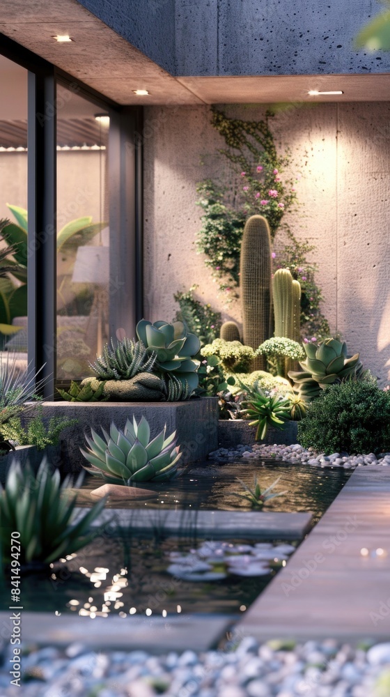 Modern Desert Garden with Cacti and Succulents Near Minimalist Home Modern Desert Garden with Cacti and Succulents Near Minimalist Home