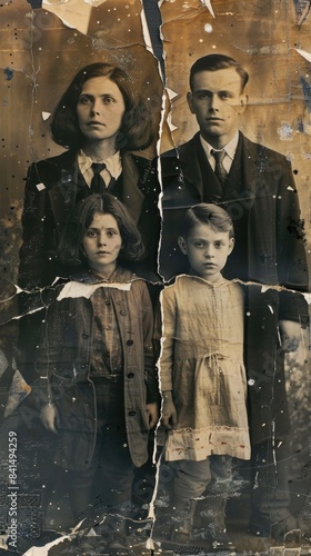 Vintage Family Portrait Showing 1920s Fashion and Historical Nostalgia in Torn, Weathered Photograph