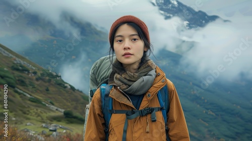 an asiatic woman with backpack hiking in the mountains
