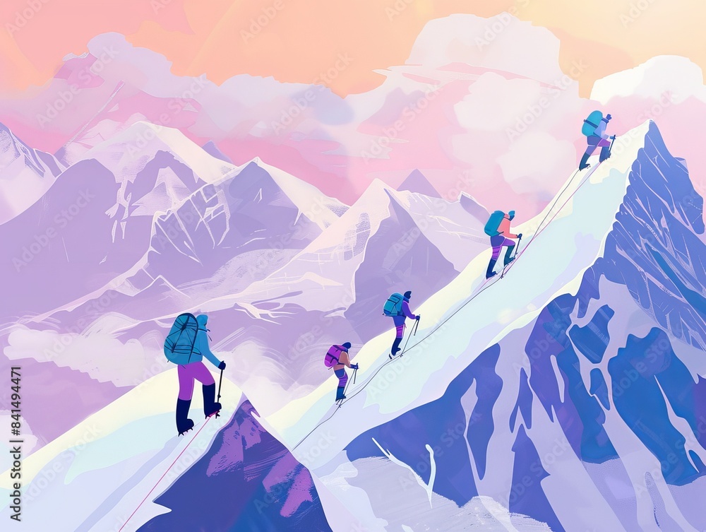 Fototapeta premium illustration of alpinists climbing a high snowy mountain 