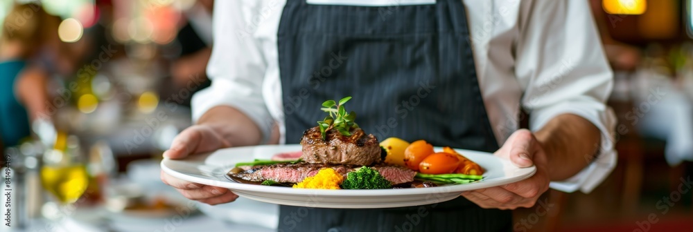 Waiter showcases gourmet meat dishes at elegant event, enhancing luxurious restaurant ambiance Waiter showcases gourmet meat dishes at elegant event, enhancing luxurious restaurant ambiance