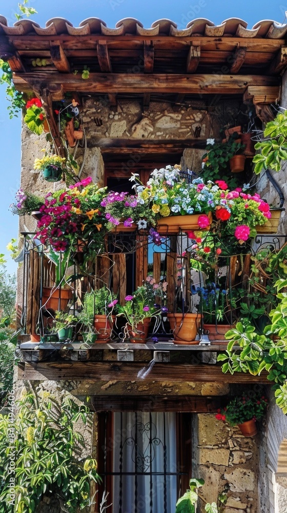 Rustic Stone Balcony with Colorful Flower Pots and Greenery on a Sunny Day Rustic Stone Balcony with Colorful Flower Pots and Greenery on a Sunny Day