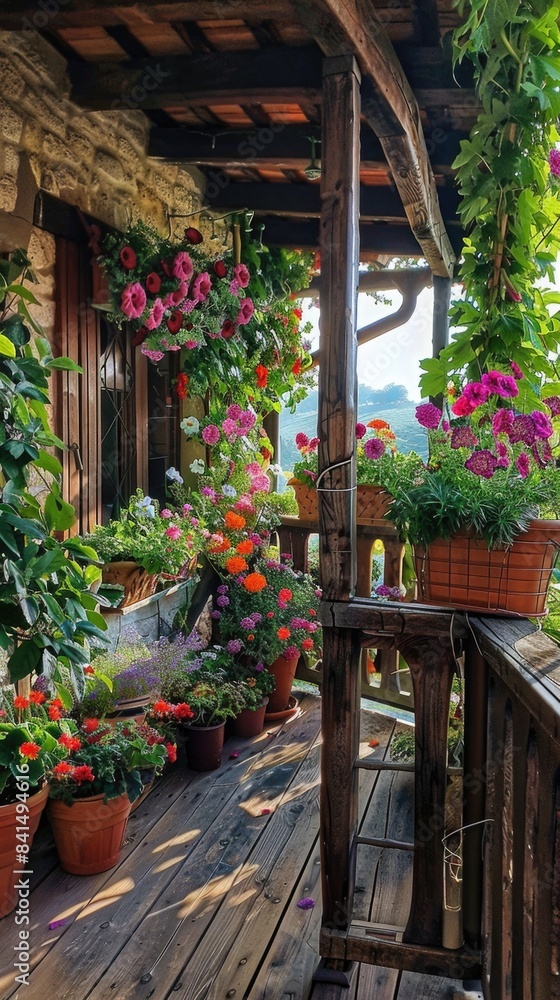 Rustic Balcony with Lush Flowering Plants and Scenic View in Countryside Rustic Balcony with Lush Flowering Plants and Scenic View in Countryside