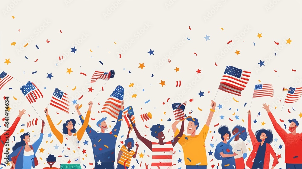 Obraz premium flat style illustration of people celebrating the 4th of july with USA flags