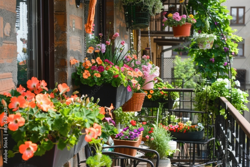 Fototapeta premium Lush Balcony Garden with Vibrant Flowers in Bloom on a Sunny Day
