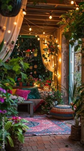 Cozy Outdoor Patio with String Lights, Greenery, and Comfortable Seating Perfect for Relaxation photo