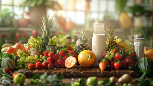 Healthy food renderings of vegetables and fruits in a kitchen scene, including fish and milk photo