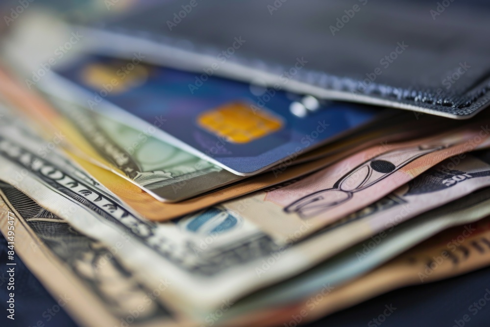 CloseUp of Wallet with Credit Cards and US Dollar Banknotes for Finance and Economy Concepts CloseUp of Wallet with Credit Cards and US Dollar Banknotes for Finance and Economy Concepts