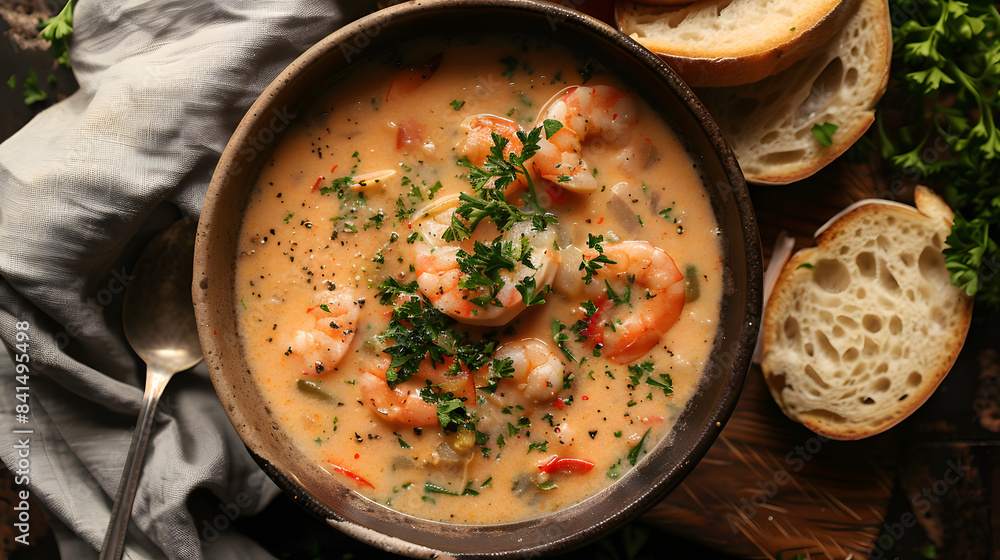 A basin of smooth pastel cream gumbo. embellished with aromatic herbs and slices of gluten-free bread on the side. A basin of smooth pastel cream gumbo. embellished with aromatic herbs and slices of gluten-free bread on the side.