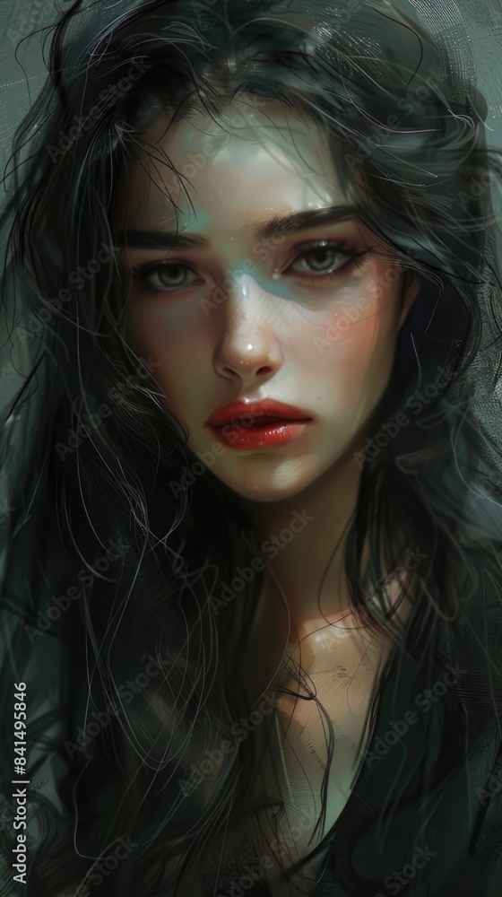 Striking Digital Art Portrait of a Woman with Dark Hair and Intense Eyes Striking Digital Art Portrait of a Woman with Dark Hair and Intense Eyes