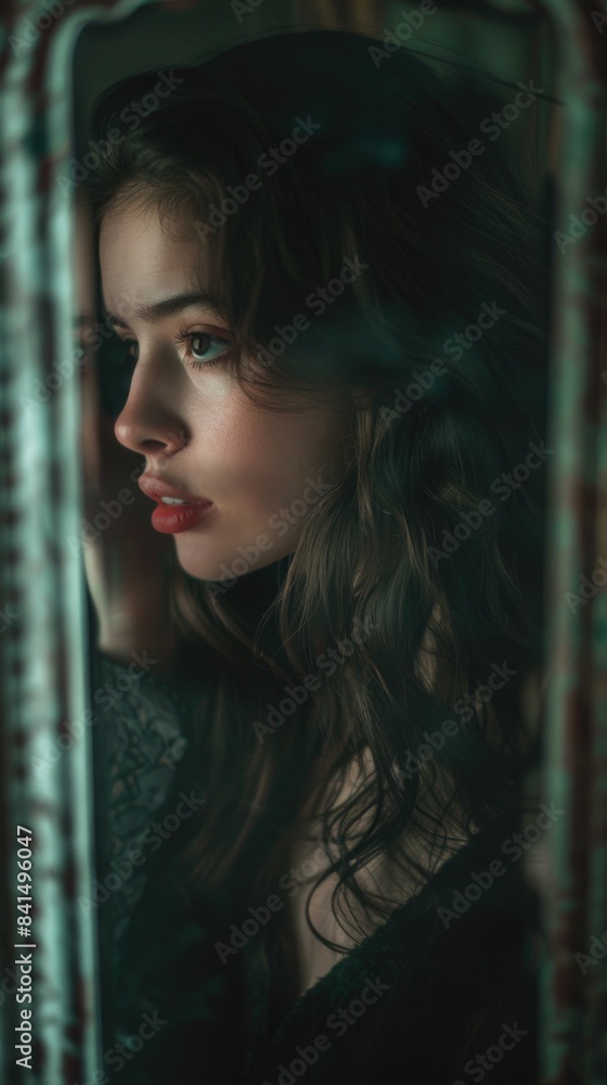 Moody Portrait of a Young Woman Gazing in Mirror with Wavy Hair and Dark Background Moody Portrait of a Young Woman Gazing in Mirror with Wavy Hair and Dark Background