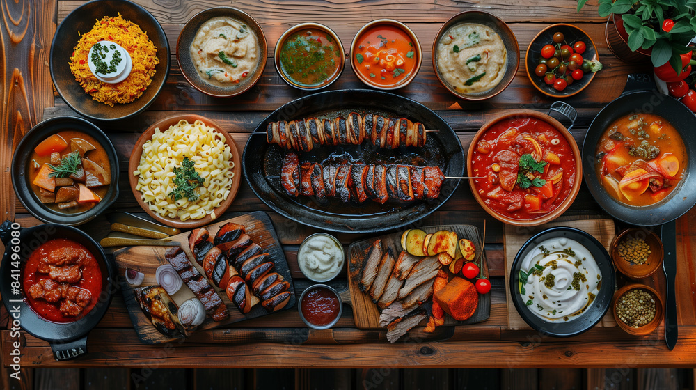 Poster with grilled food, soup, and other dishes on a wood table in the middle, restaurant theme, no cutlery Poster with grilled food, soup, and other dishes on a wood table in the middle, restaurant theme, no cutlery