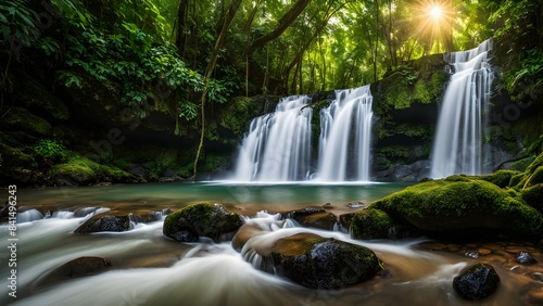 dense green verdant rainforest with waterfall