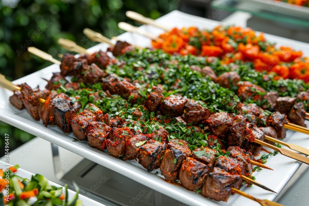 Lavish spread of grilled skewers and vegetables, garnished with fresh herbs on a buffet table in a garden setting Lavish spread of grilled skewers and vegetables, garnished with fresh herbs on a buffet table in a garden setting
