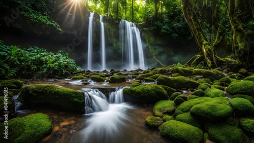 dense green verdant rainforest with waterfall