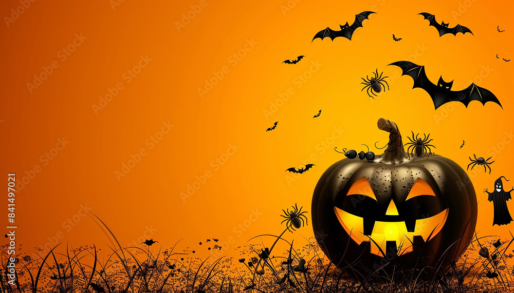 Black Halloween pumpkin, bats and spiders on an orange background Black Halloween pumpkin, bats and spiders on an orange background