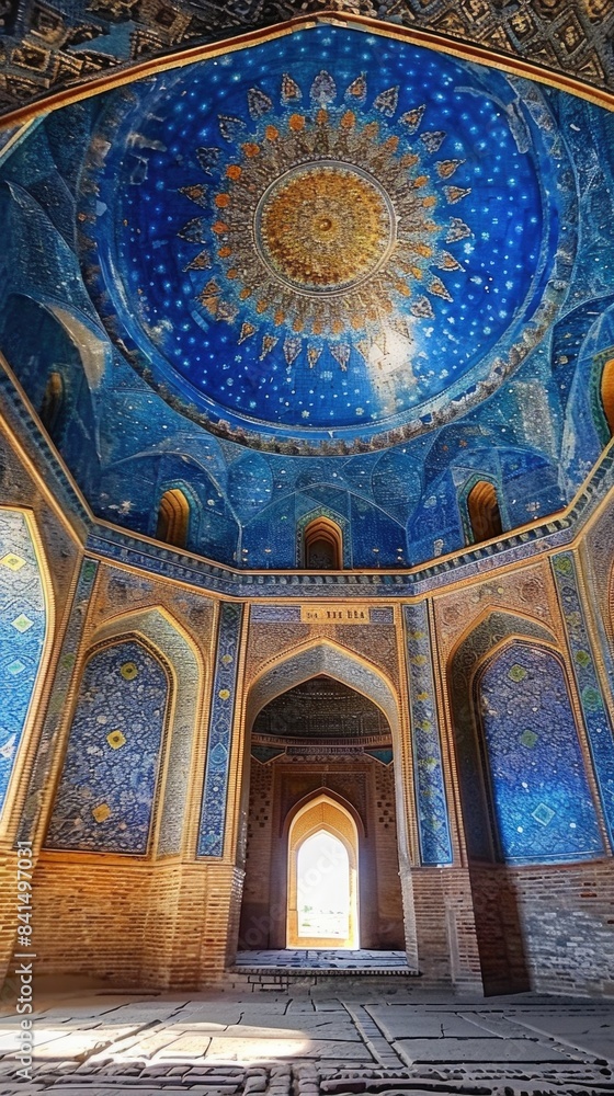 Obraz premium Intricate Blue Mosaic Ceiling of Historic Mosque with Archways and Sunlit Entrance