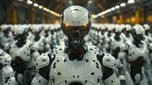 Army of Robots in a Factory. Artificial intelligence Concept