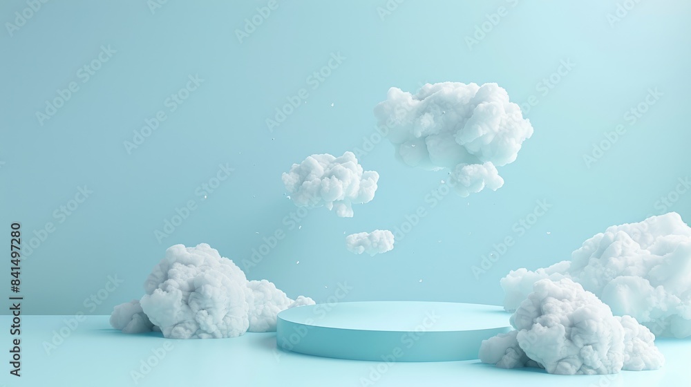 Abstract cloud background podium in light blue sky, offering a dreamy scene for product showcases. Minimalistic design with geometric elements. Abstract cloud background podium in light blue sky, offering a dreamy scene for product showcases. Minimalistic design with geometric elements.
