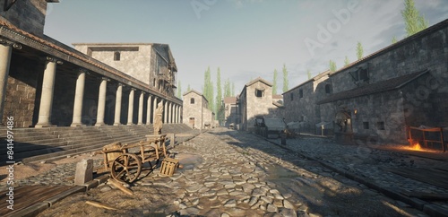 Papier peint A 3D illustration of an ancient cobblestone street with classical architecture, featuring a wooden cart and antique statues