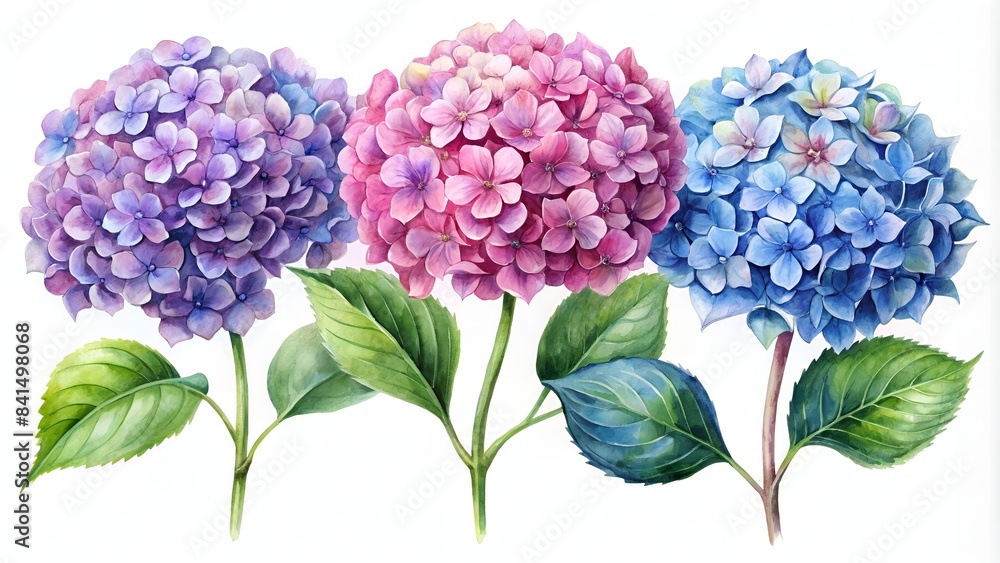 Fototapeta premium Set Of Watercolor Hand Drawn Hydrangea Flowers. Pink, Blue And Purple. Isolated On White Background.