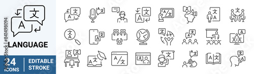 Language web line icon. Containing communication, translate, speech, non-verbal, writing, speaking, dictionary, text, language skills and vocabulary.