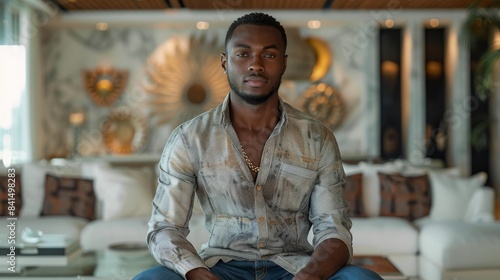 Top model handsome black man, wearing a jean and shirt with African element pattern, in a luxury living room, facing camera. Generative AI.