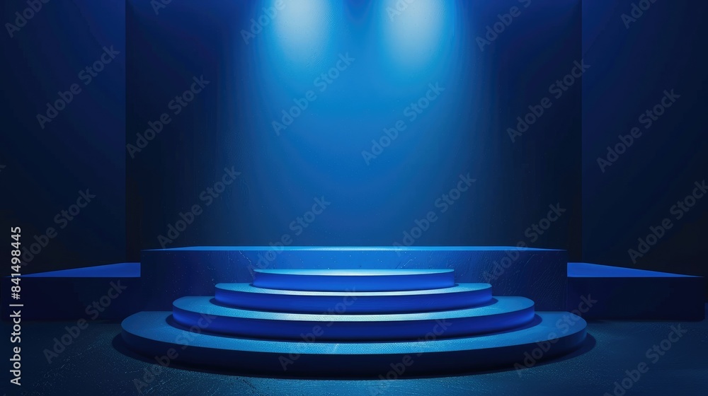 Fototapeta premium Blue dramatic lighting accentuates an empty podium, perfect for presenting products with a powerful visual impact.