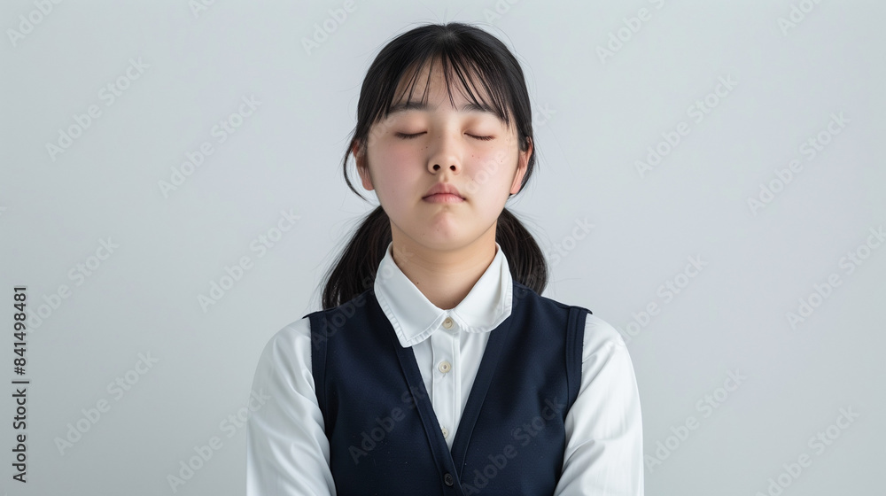 Japanese students sitting with tired or sleepy expressions, white studio photo background, Japanese school uniforms, Ai Generated Images Japanese students sitting with tired or sleepy expressions, white studio photo background, Japanese school uniforms, Ai Generated Images