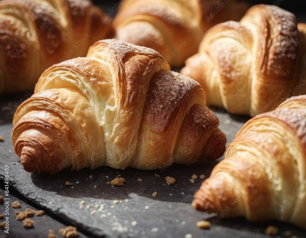 Un croissant con una lieve spolverata di zucchero che brilla alla luce.
Un croissant con una lieve spolverata di zucchero che brilla alla luce.