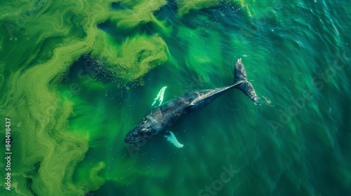 A whale gracefully glides through the ocean surrounded by a sea of vibrant green and blue. The majestic creature swims through a natural masterpiece created by extraordinary phytoplankton