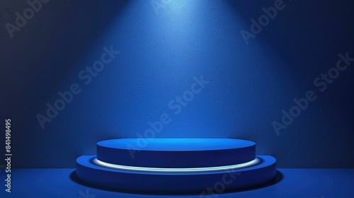 Blue dramatic lighting accentuates an empty podium, perfect for presenting products with a powerful visual impact.
