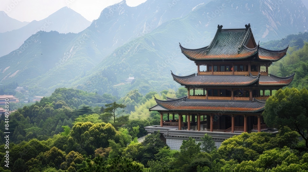 A traditional Chinese temple nestled in the mountains.