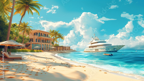 Vibrant beach scene with sunshine, yacht, palm trees, loungers, villa, golden sand