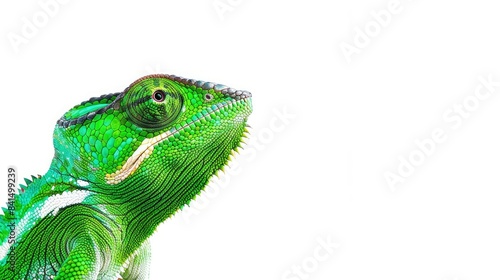 A vibrant green chameleon stands out against a blank white backdrop giving off an abstract and intriguing vibe