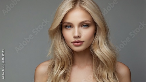 Portrait of beautiful young woman with long blonde hair. Studio shot.
