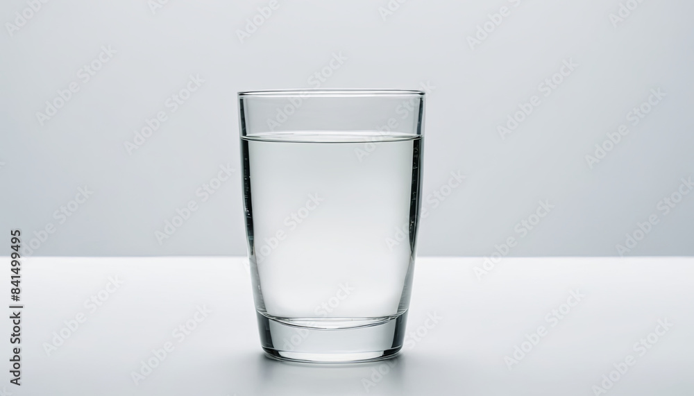 A single glass of clear water sits on a white surface against a white background A single glass of clear water sits on a white surface against a white background